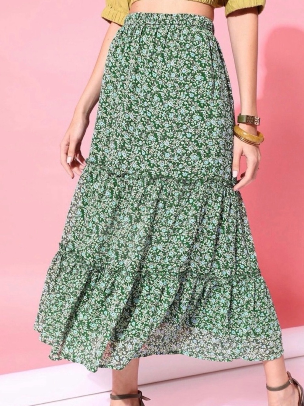 Aerie Green Floral Tiered Ruffle Maxi Skirt